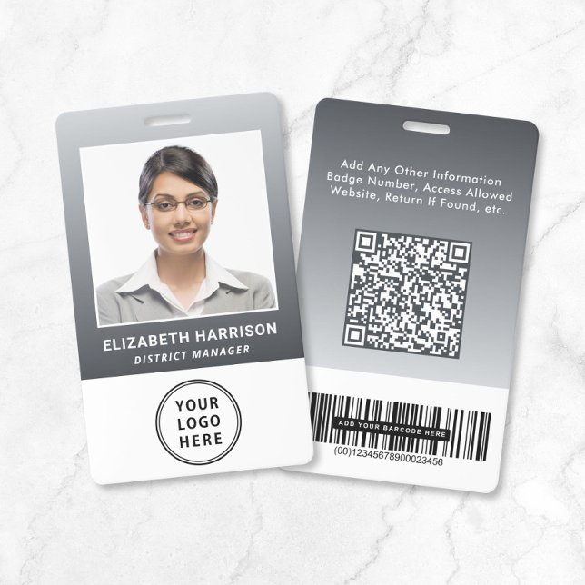 Business Logo QR Code Barcode Gray Photo ID Badge (Business Logo Barcode Gray Employee Photo Photo ID Badge)