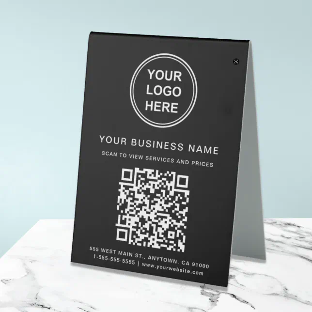 Business Logo QR Code Black Table Tent Sign | Zazzle