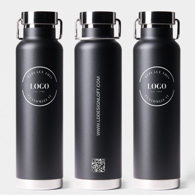 Business Logo QR code black Tradeshow giveaway  Water Bottle (Black water bottle with white logo and QR code)