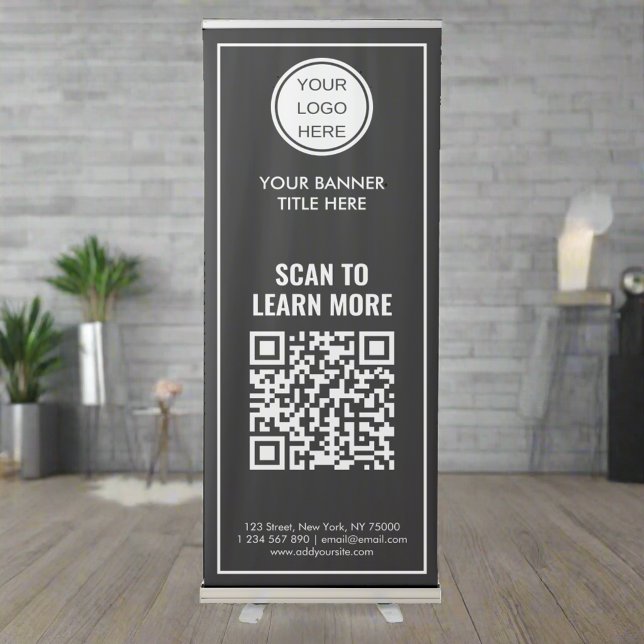 Business Logo QR Code Black & White Promotional Retractable Banner (Creator Uploaded)