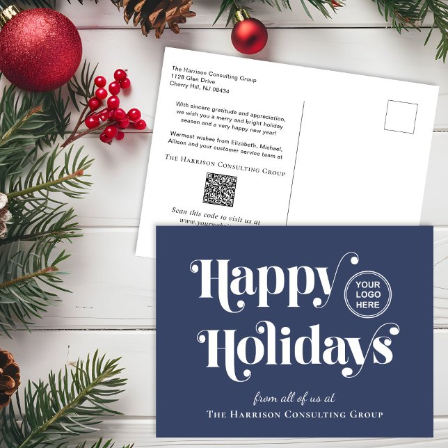 Business Logo QR Code Blue Christmas Holiday Postcard (Creator Uploaded)