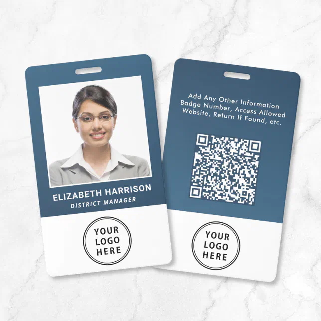 Business Logo QR Code Blue Employee Photo ID Badge | Zazzle