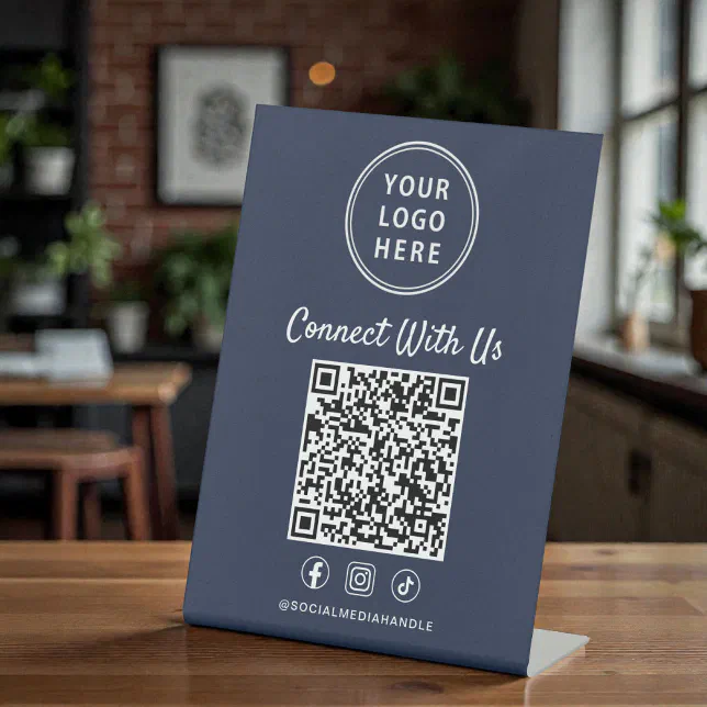 Business Logo QR Code Blue Tabletop Pedestal Sign | Zazzle