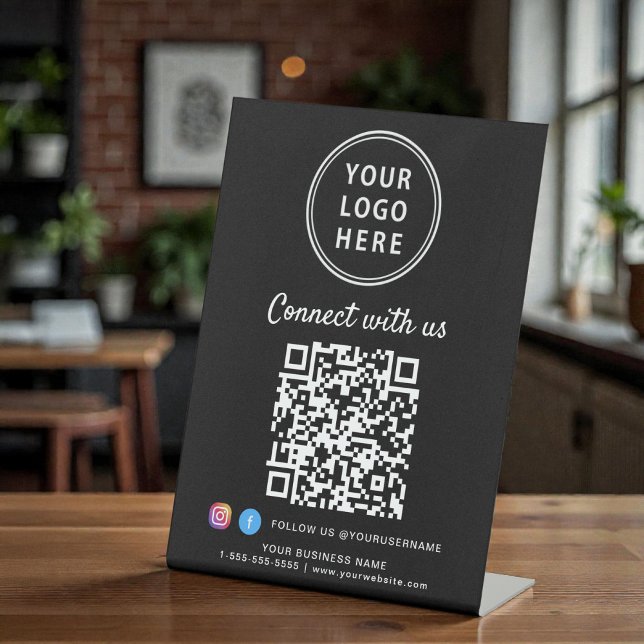 Business Logo QR Code Connect With Us Tabletop Pedestal Sign (Business Logo QR Code Connect With Us Tabletop Pedestal Sign)