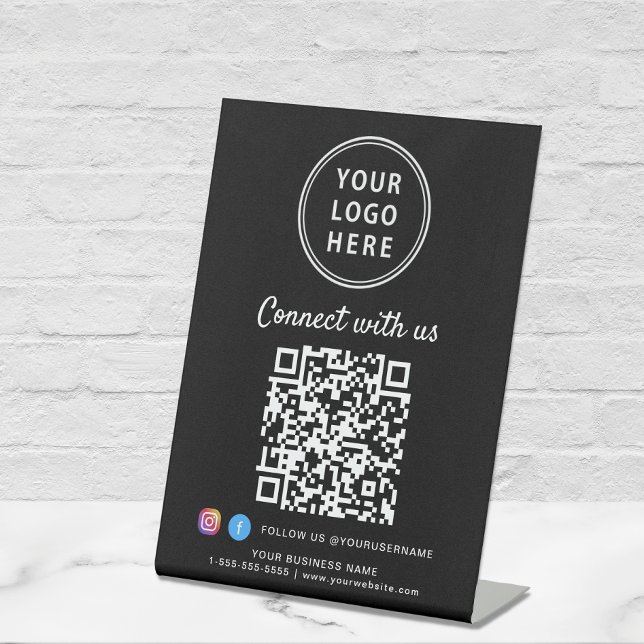 Business Logo QR Code Connect With Us Tabletop Pedestal Sign (A QR code sign to effortlessly connect your customers to your online platforms)
