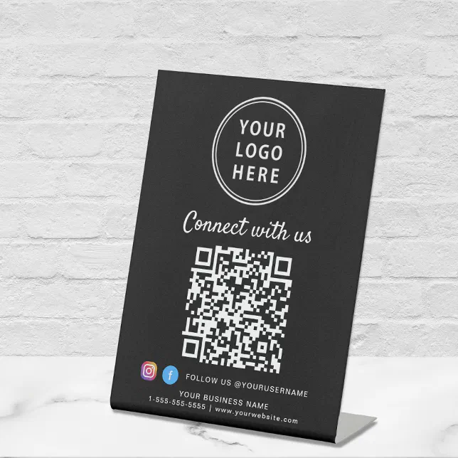 Business Logo QR Code Connect With Us Tabletop Pedestal Sign | Zazzle