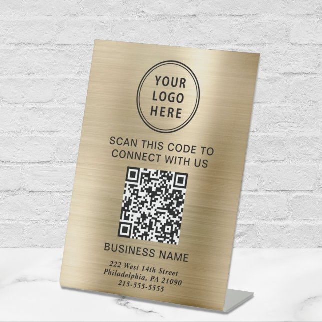 Business Logo QR Code Gold Pedestal Sign (Creator Uploaded)