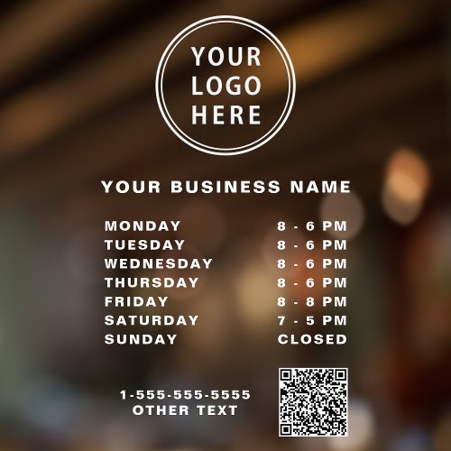 Business Logo QR Code Hours White Window Cling