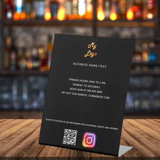 Business logo qr code instagram black custom text pedestal sign Business logo qr code instagram black custom text pedestal sign