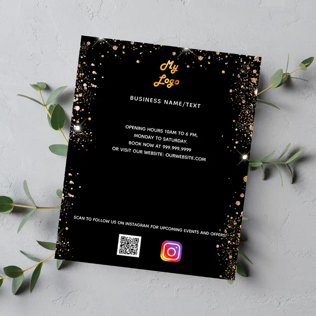 Business logo qr code instagram black gold flyer | Zazzle