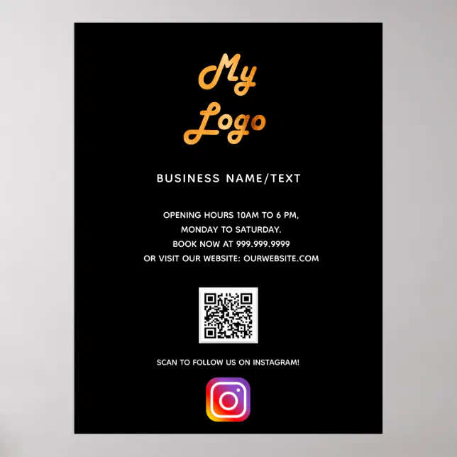 Business logo qr code instagram black poster | Zazzle