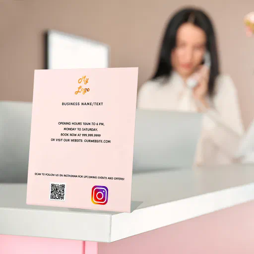 Business logo qr code instagram blush custom text pedestal sign Business logo qr code instagram blush custom text pedestal sign