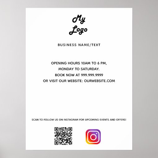 Business logo qr code instagram custom text poster | Zazzle