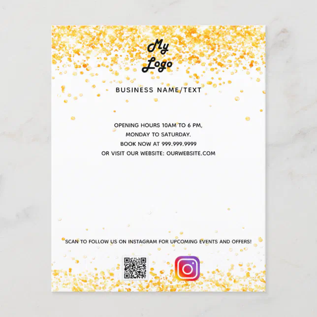 Business logo qr code instagram text white gold flyer | Zazzle