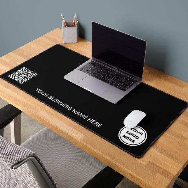 Business Logo & QR Code l Promotional Black White Desk Mat (Creator Uploaded)