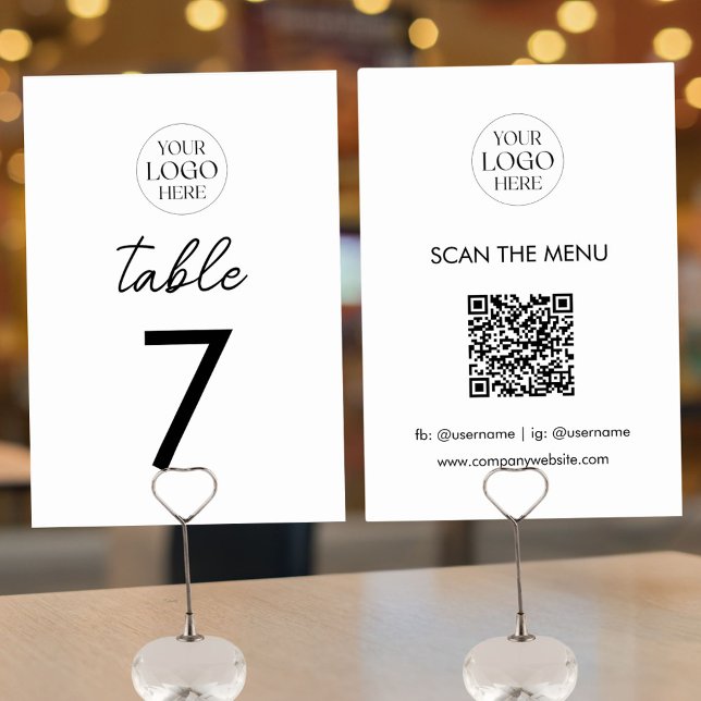 Business Logo QR Code Menu Modern Minimalist Table Number (Front and Back)