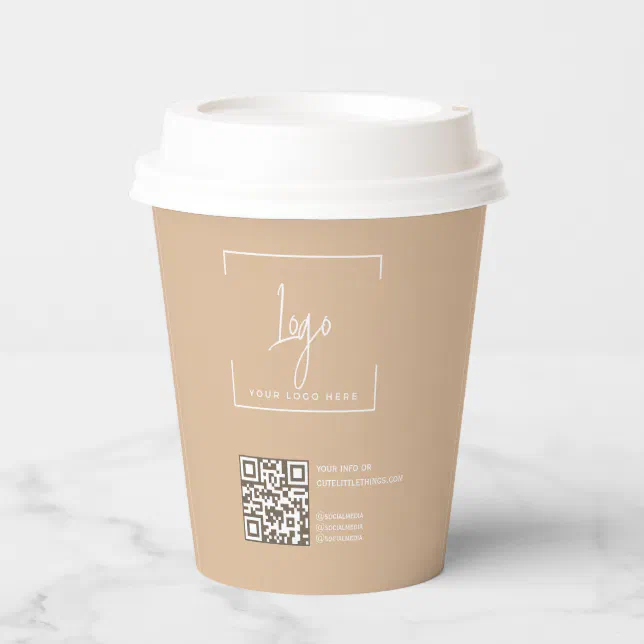 Business Logo QR code Modern Beige Corporate Paper Cups | Zazzle