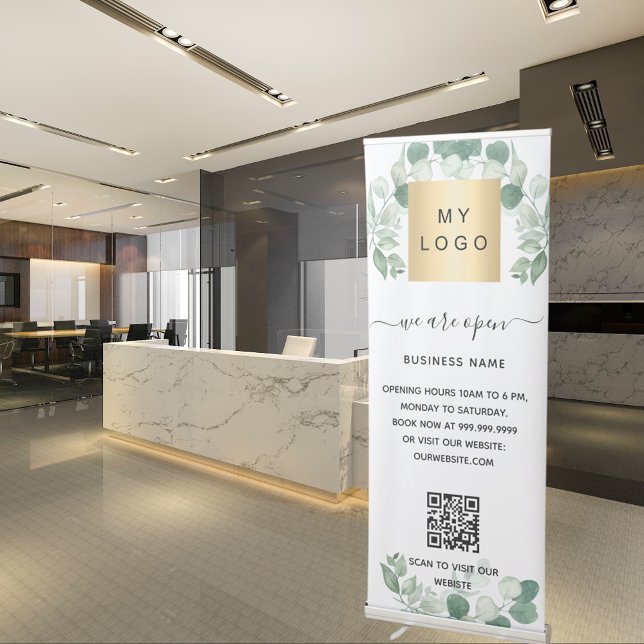 Business logo qr code opening hours greenery retractable banner (Creator Uploaded)