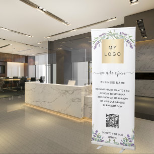Business logo qr code opening hours lavender retractable banner
