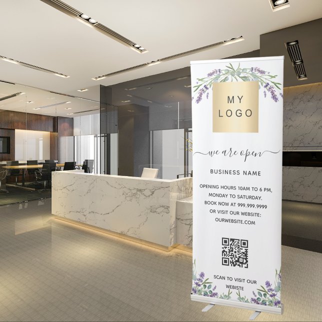 Business logo qr code opening hours lavender retractable banner (Creator Uploaded)