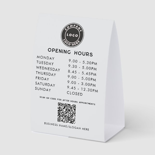 Business Logo QR Code Opening Hours Paper Table Tent (Front)