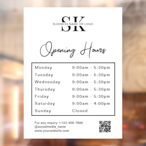 Business Logo Qr Code Opening Times Hours Window Cling