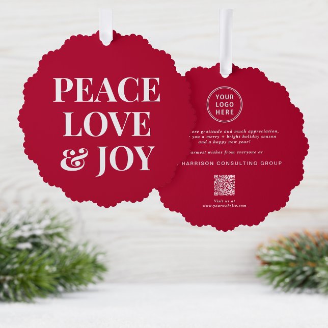 Business Logo QR Code Peace Love Joy Red Christmas Ornament Card (Creator Uploaded)