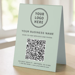 Business Logo QR Code Sage Green Table Tent