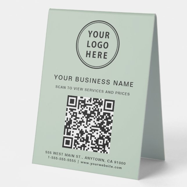 Business Logo QR Code Sage Green Table Tent (Front)