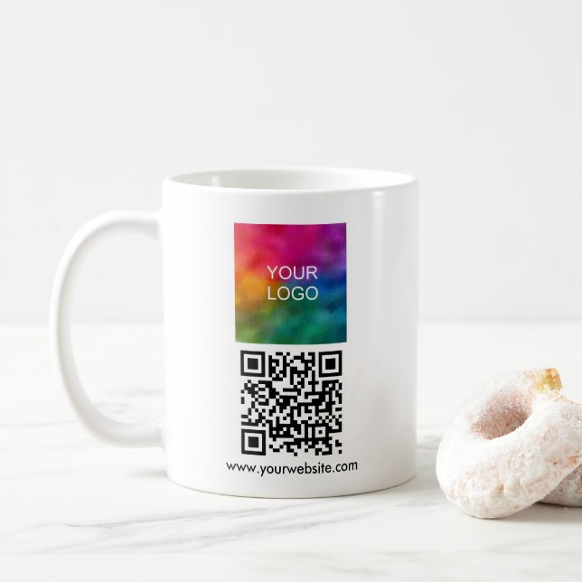 Business Logo QR Code Scan Me Template White Coffee Mug (With Donut)