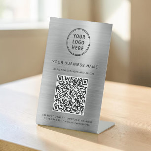 Business Logo QR Code Scan To Connect Silver Pedestal Sign