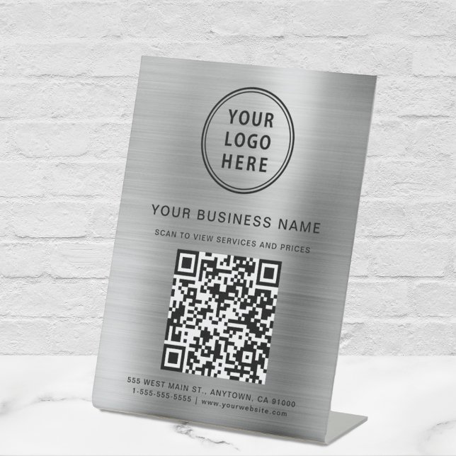 Business Logo QR Code Silver Pedestal Sign (Connect customers and clients to your desired website destination with a single scan)