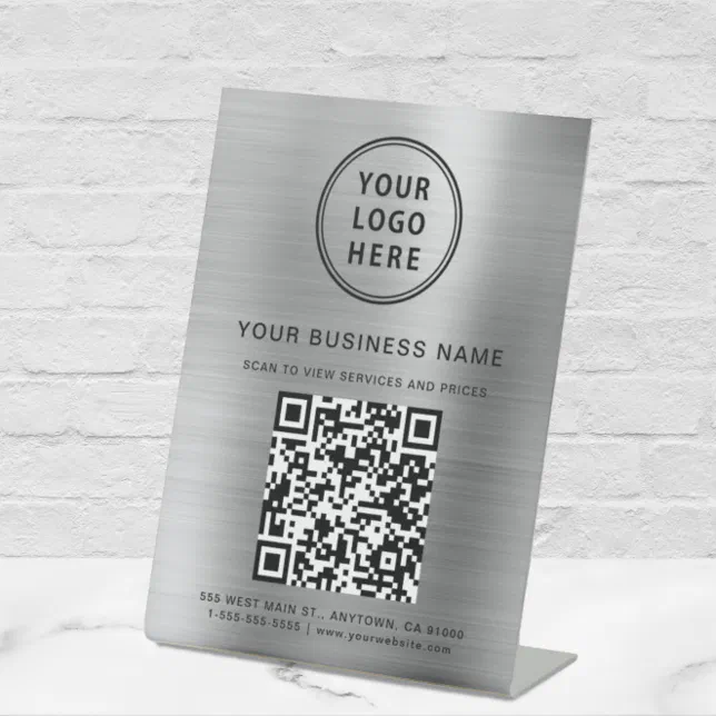 Business Logo QR Code Silver Pedestal Sign | Zazzle