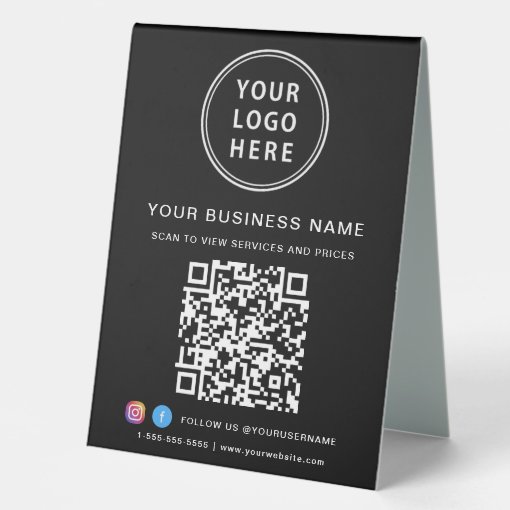 Business Logo QR Code Social Media Black Table Tent Sign | Zazzle