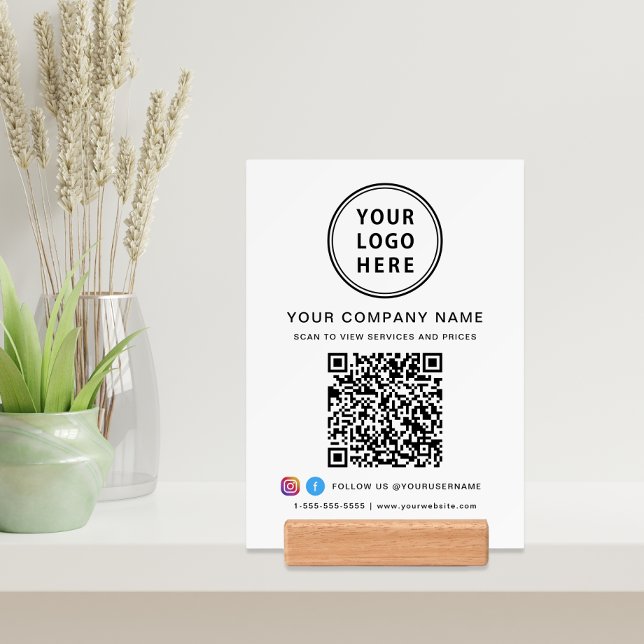Business Logo QR Code Social Media Tabletop Sign Holder (Input your website address to create a scannable QR code)