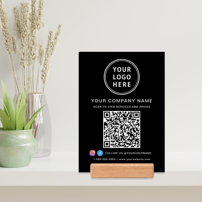 Business Logo QR Code Social Media Tabletop Sign Holder (Input your website address to create a scannable QR code)