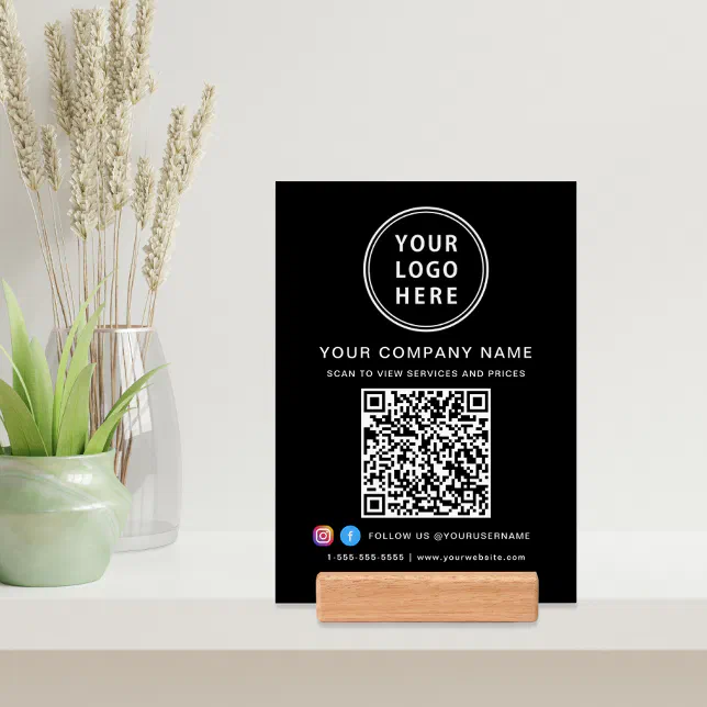 Business Logo QR Code Social Media Tabletop Sign Holder | Zazzle