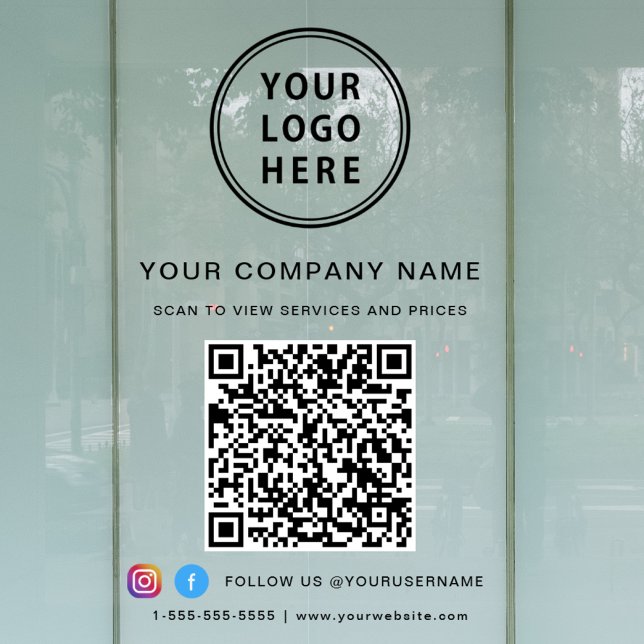 Business Logo QR Code Social Media Window Cling (Elevate your business with a custom logo, QR code and social media window cling sign)