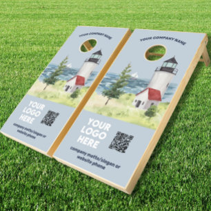 Business Logo QR Code Watercolor Lighthouse Cornhole Set