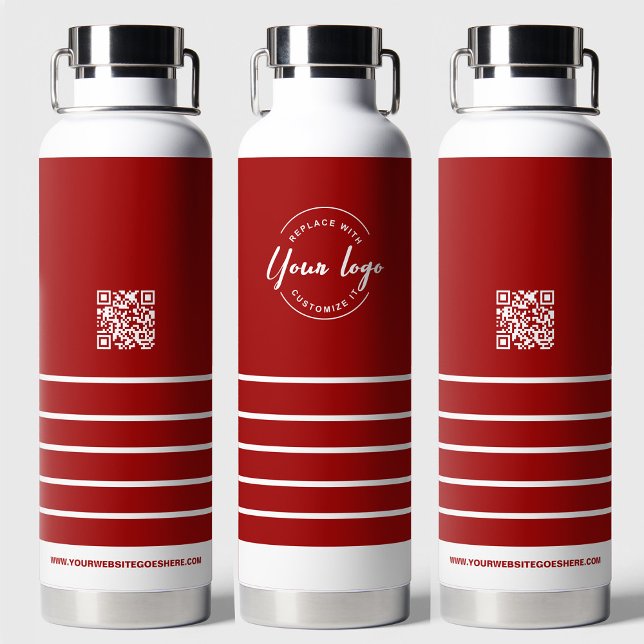 Business logo QR code website Red White Holiday Water Bottle (Red white water bottles festive with logo, QR code, website)