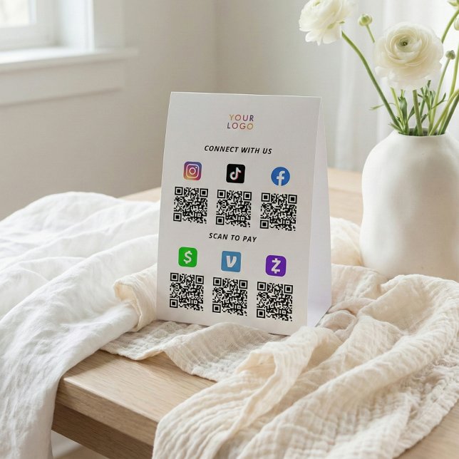 Business Logo QR Code White Table Tent Sign (Creator Uploaded)