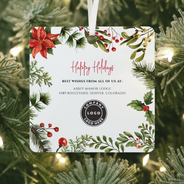 Business Logo Red Berries Employees Christmas Metal Ornament (Insitu)