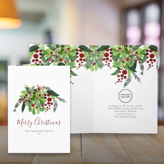 Business Logo Red Berries Greenery Christmas Holiday Card | Zazzle