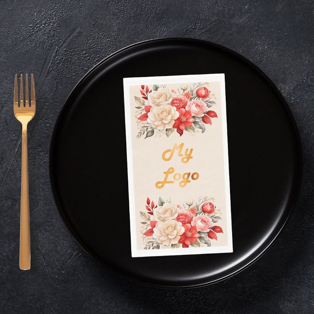 Business logo red ivory florals cream beige paper guest towels (Creator Uploaded)