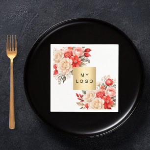 Business logo red ivory florals white  napkins