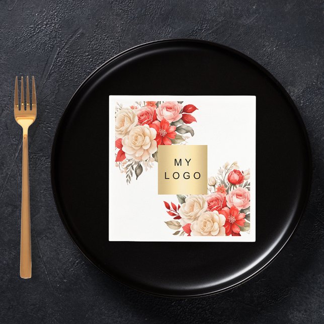Business logo red ivory florals white  napkins (Creator Uploaded)