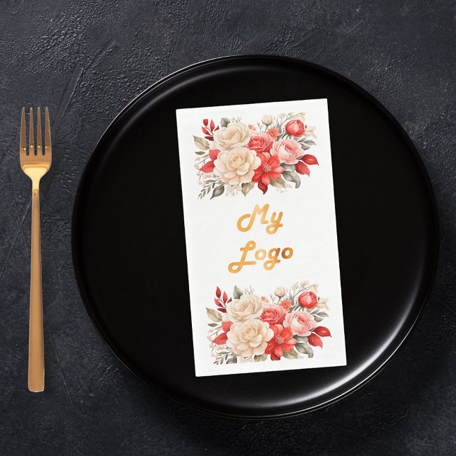 Business logo red ivory florals white paper guest towels (Creator Uploaded)