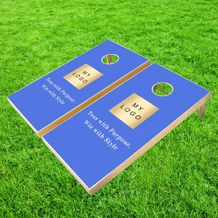 Business logo royal blue white text quote cornhole set