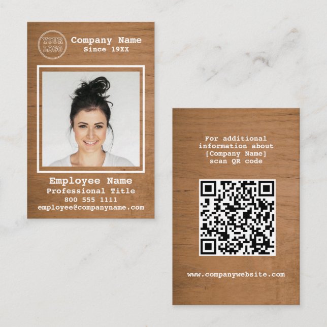 Business Logo Rustic Light Wood Photo Employee Business Card (Front/Back)