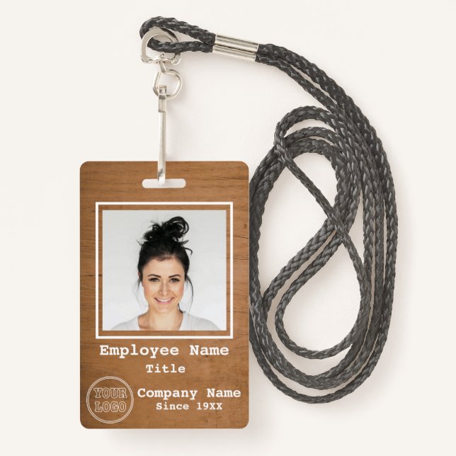 Business Logo Rustic Light Wood Photo Employee Id Badge (Front with Lanyard)